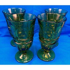 Set Of 4 Vintage Green Glass Goblets With Pedestal Base 6.5" Tall Elegant Drinkw